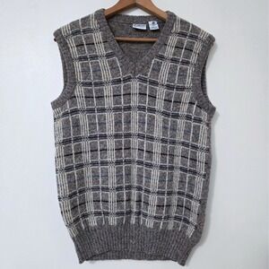 VTG Maglificio Florence Wool Sweater Vest Sz L Plaid V Neck Preppy Grandpa Italy